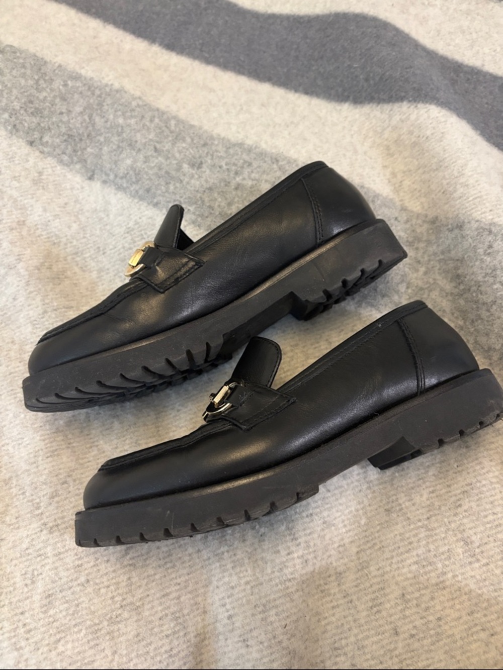 Black Leather Lug Sole Loafer with Gold Bit Accent - Picture 8 of 10